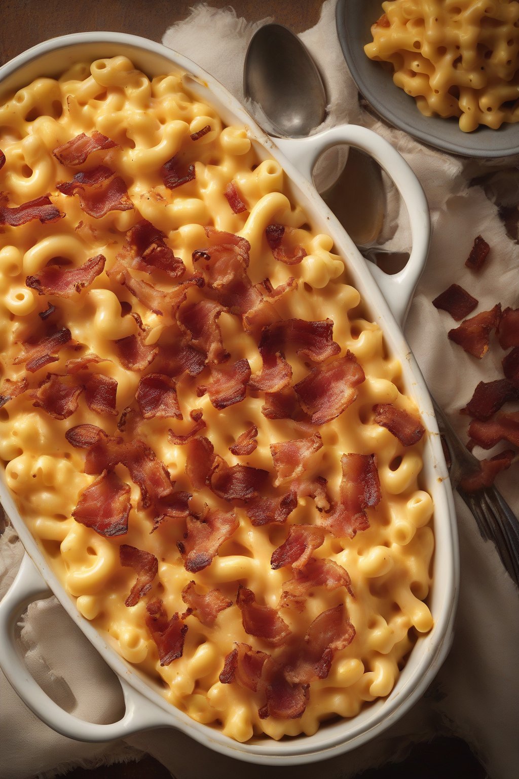 A high-resolution photo of mac and cheese loaded with crispy bacon pieces under soft lighting.