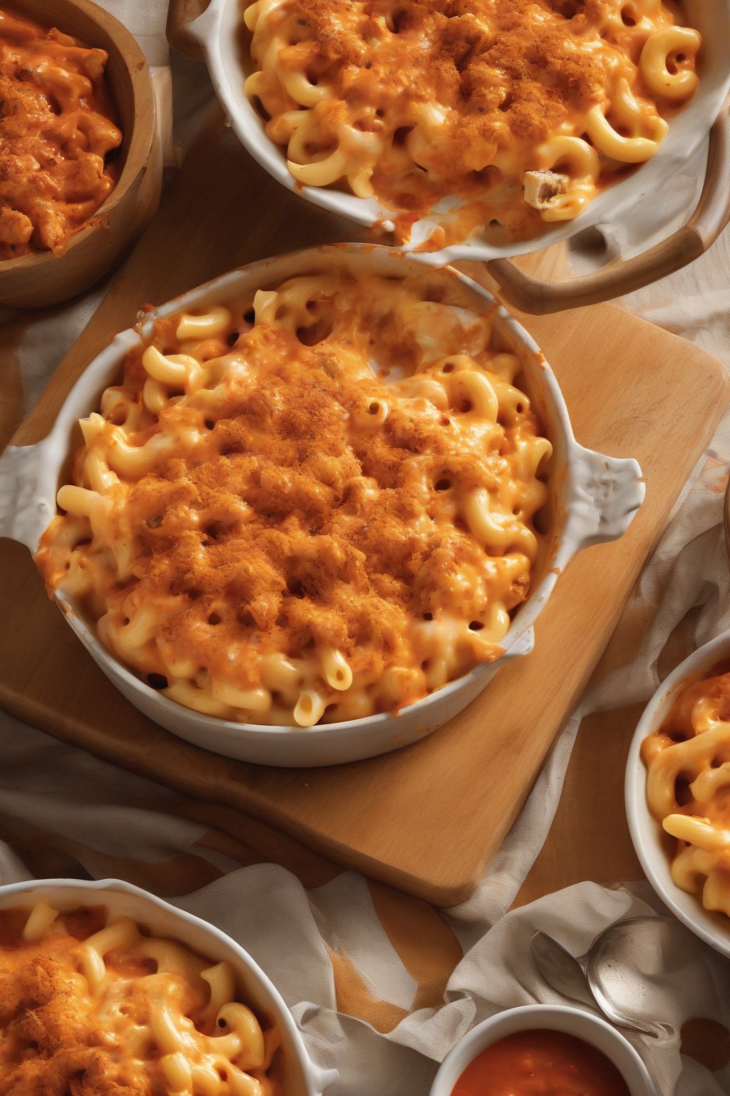 A high-resolution photo of spicy buffalo chicken mac and cheese with red sauce swirls under soft lighting.