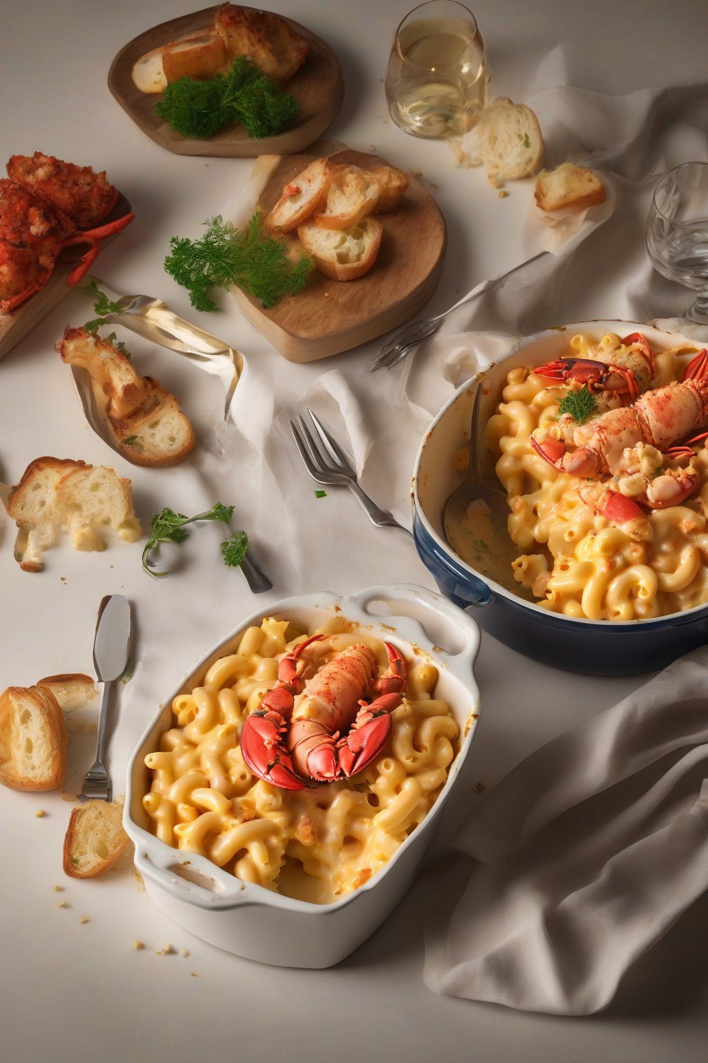 A high-resolution photo of elegant lobster mac and cheese with chunks of lobster under soft lighting.