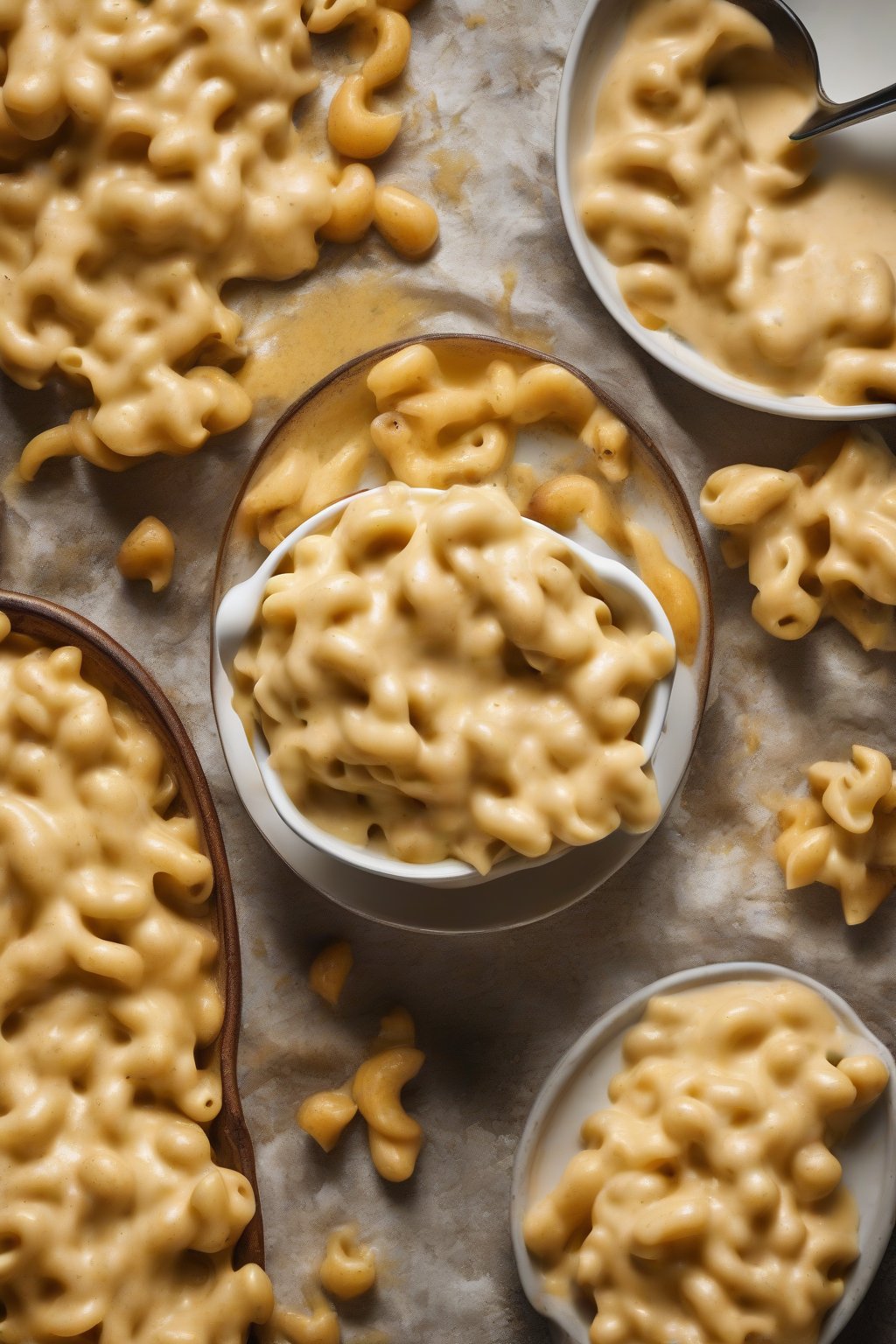 A high-resolution photo of creamy vegan mac and cheese with golden sauce under soft lighting.