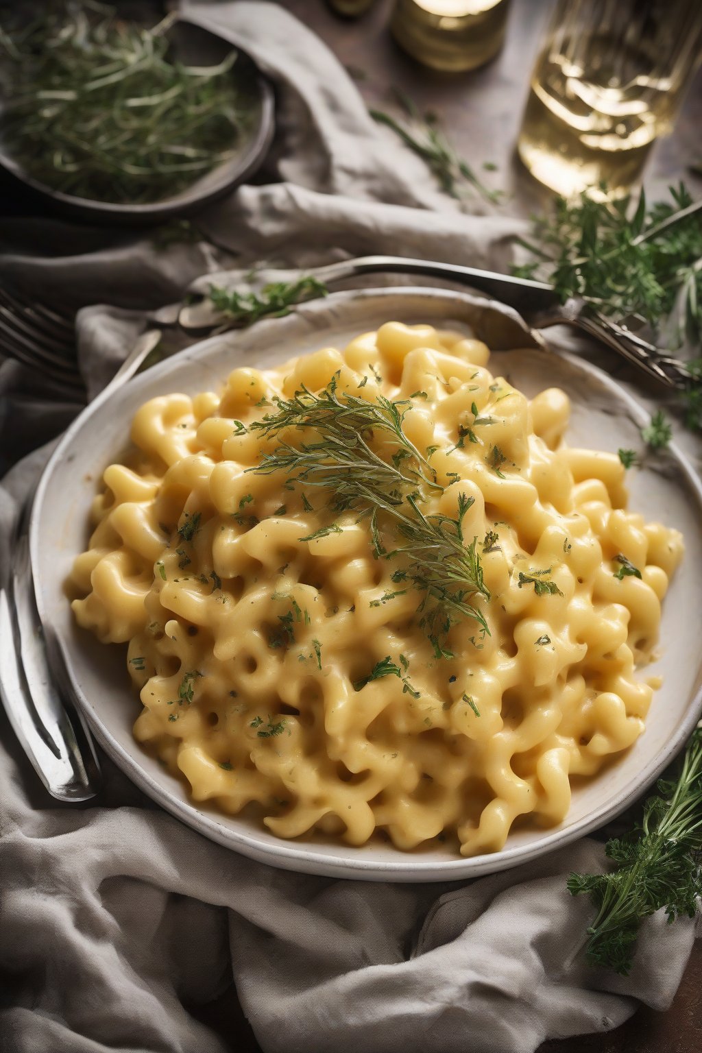A high-resolution photo of truffle-infused mac and cheese garnished with herbs under soft lighting.