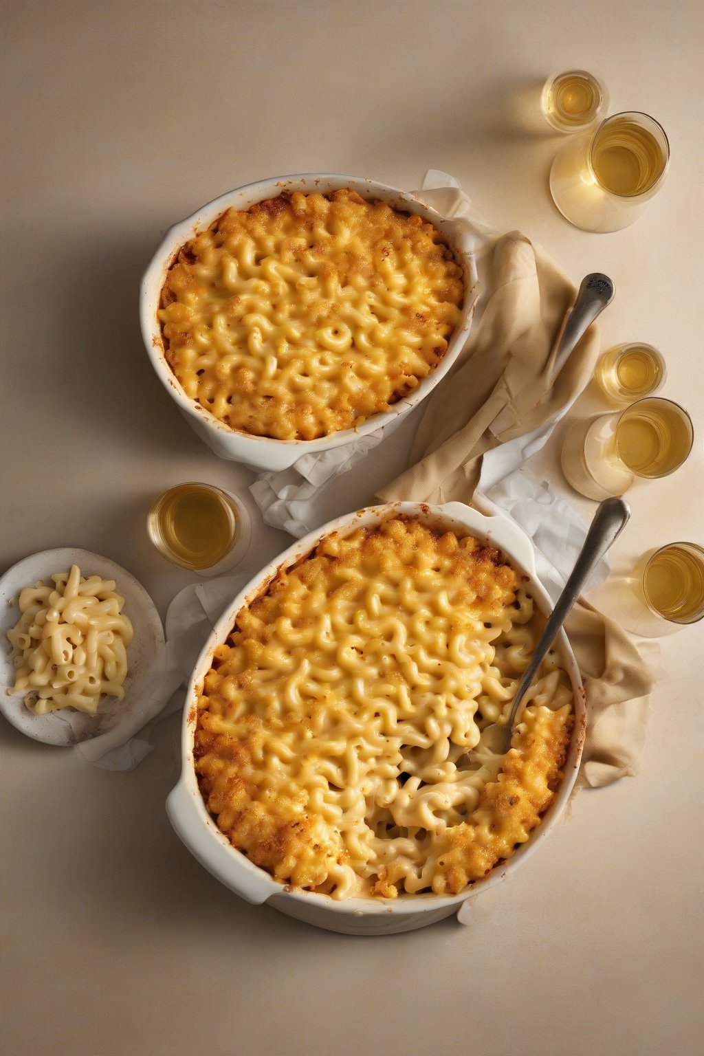 A high-resolution photo of multi-cheese mac and cheese with bubbly crust under soft lighting.