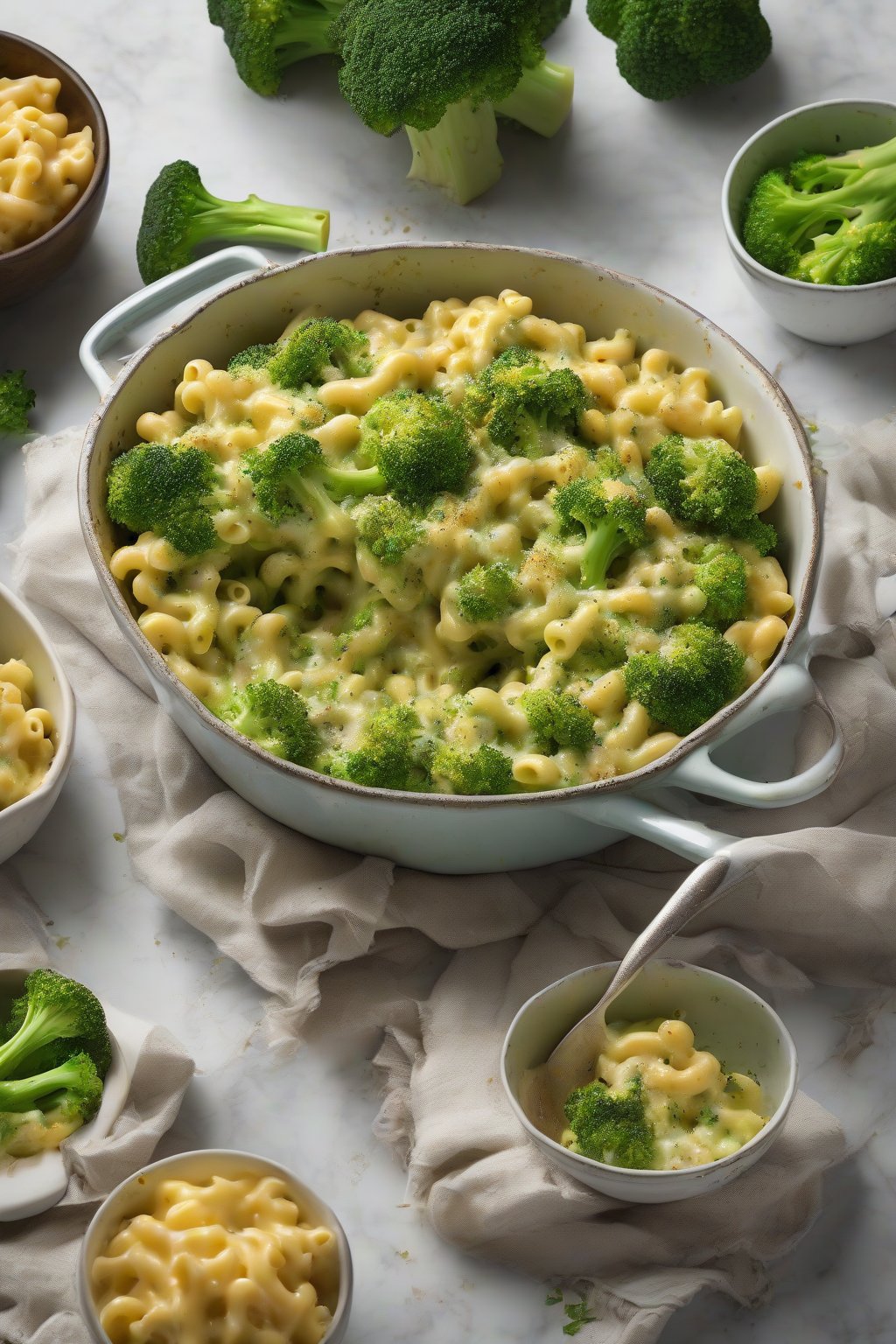 A high-resolution photo of vibrant green-flecked broccoli mac and cheese under soft lighting.