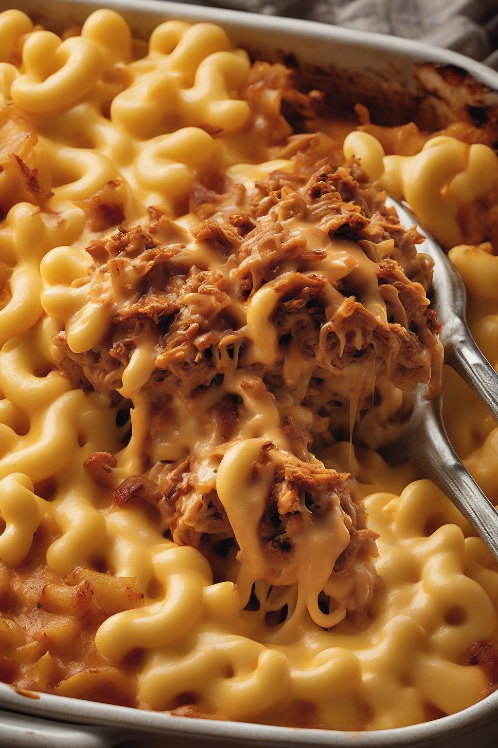 A high-resolution photo of mac and cheese topped with saucy pulled pork under soft lighting.