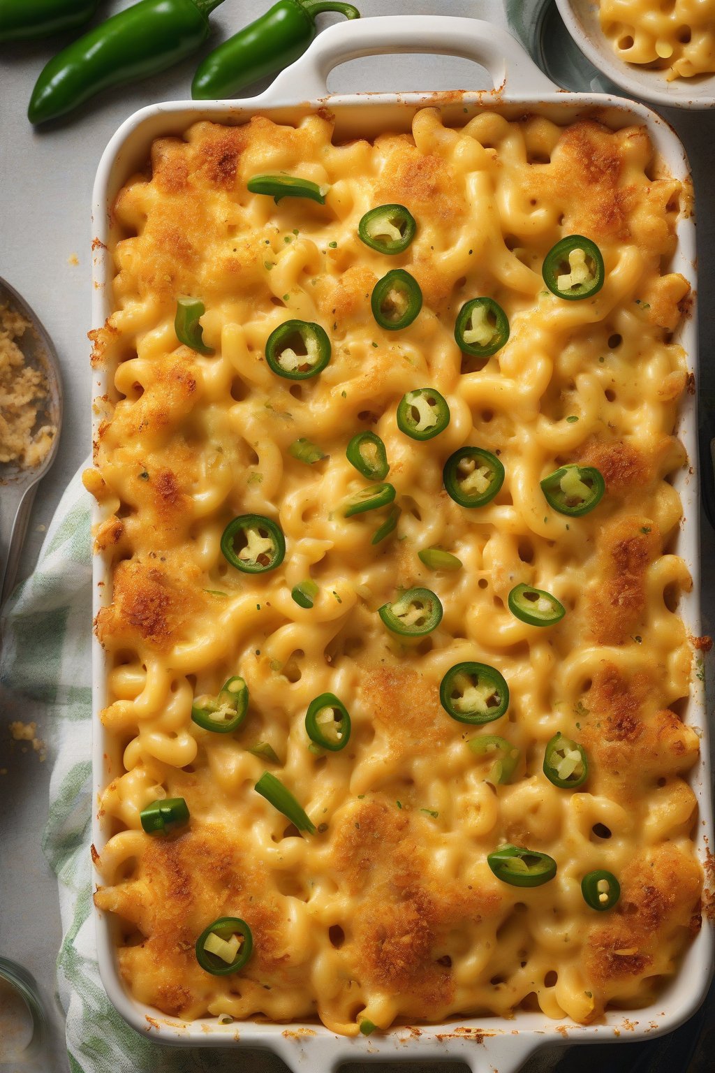 A high-resolution photo of spicy jalapeño mac and cheese with crispy edges under soft lighting.