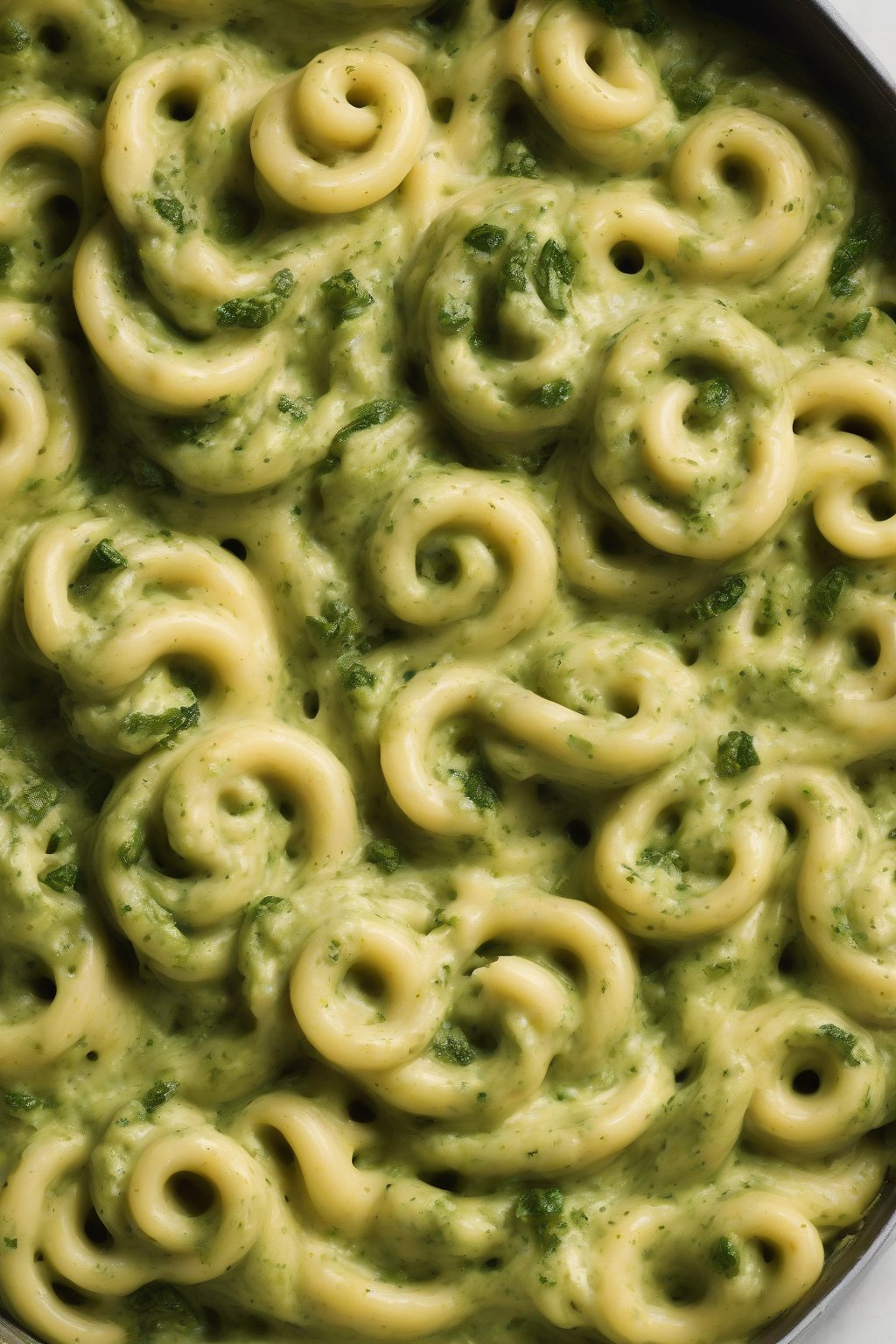 A high-resolution photo of pesto-swirled green mac and cheese under soft lighting.