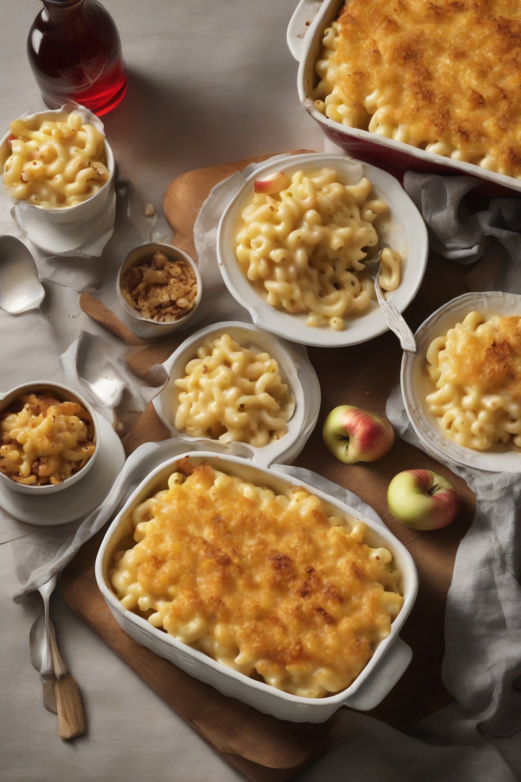 A high-resolution photo of apple-studded gouda mac and cheese under soft lighting.