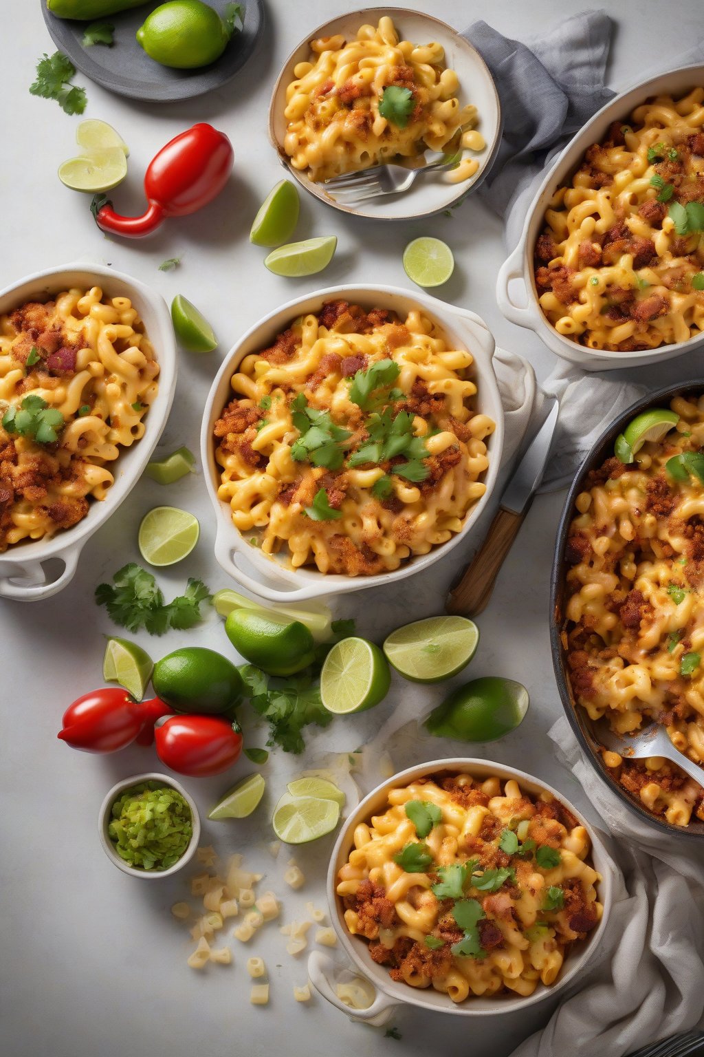 A high-resolution photo of chorizo-loaded Mexican mac and cheese with lime garnish under soft lighting.