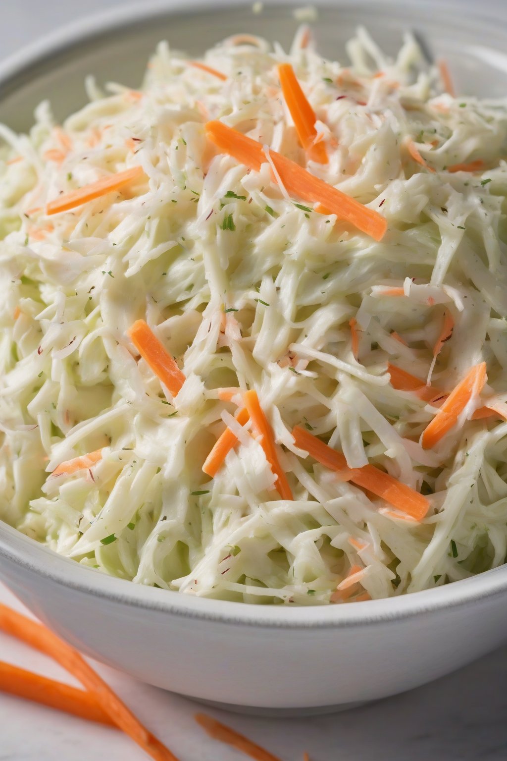 A high-resolution photo of a bowl of classic creamy coleslaw with finely shredded cabbage and carrots glistening under soft lighting.