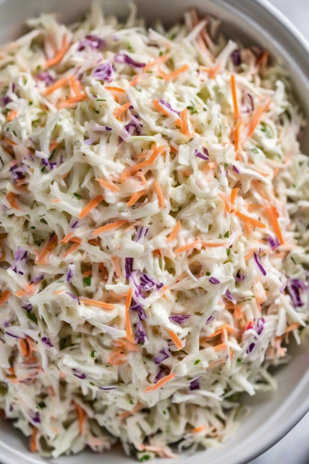 A high-resolution photo of tangy Miracle Whip coleslaw piled high in a white bowl under soft lighting.