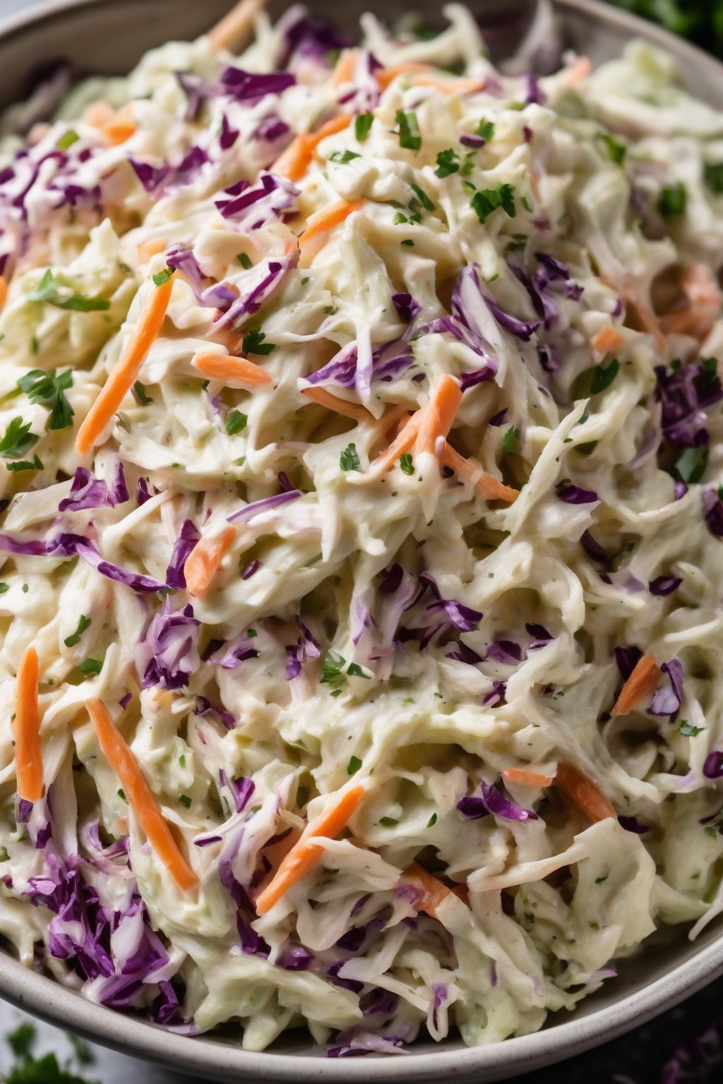 A high-resolution photo of vegan creamy coleslaw with a glossy cashew dressing under soft lighting.