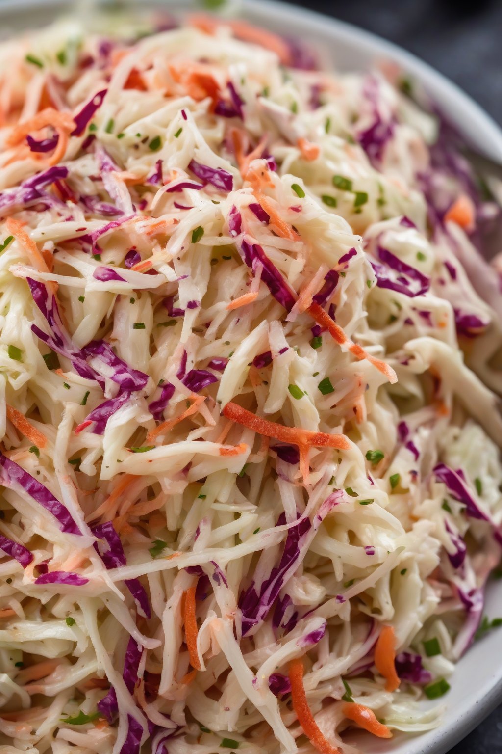 A high-resolution photo of spicy sriracha-laced coleslaw with red flecks under soft lighting.