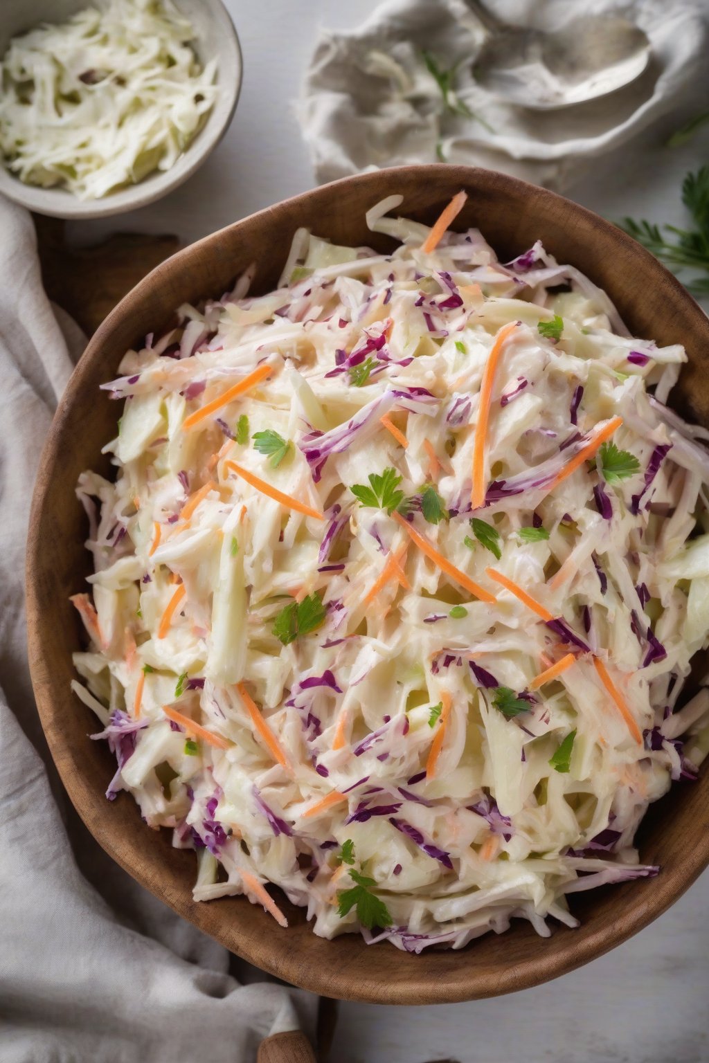 A high-resolution photo of apple-infused creamy coleslaw in a rustic bowl under soft lighting.