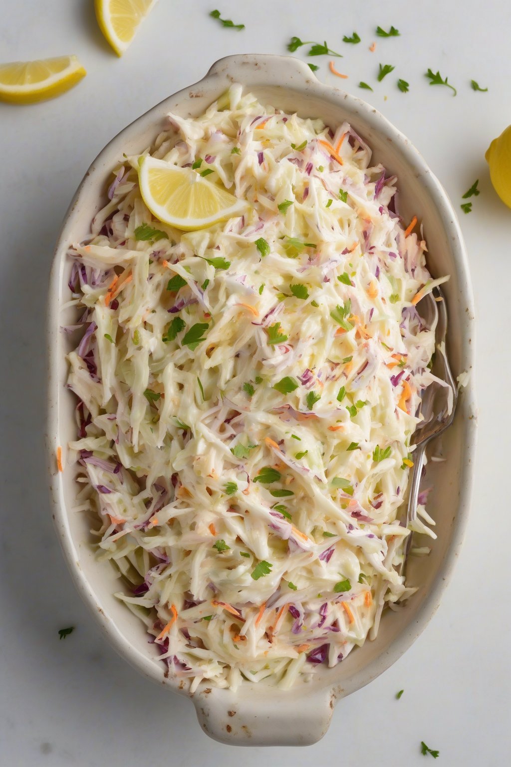 A high-resolution photo of yogurt-based creamy coleslaw topped with lemon zest under soft lighting.