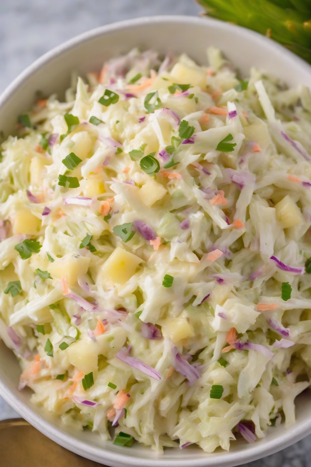 A high-resolution photo of pineapple-studded creamy coleslaw under soft lighting.