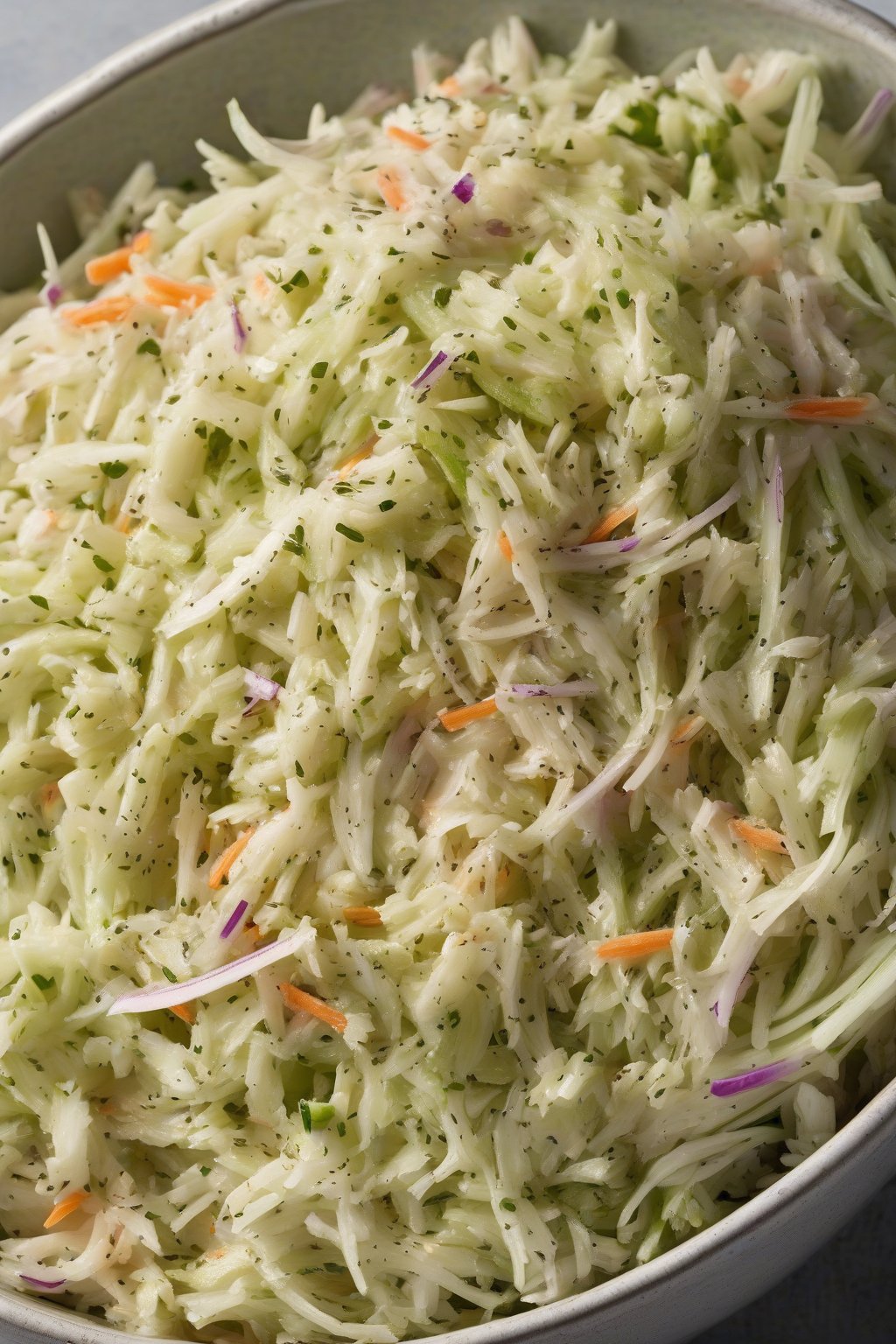 A high-resolution photo of celery seed-flecked coleslaw in a chilled bowl under soft lighting.