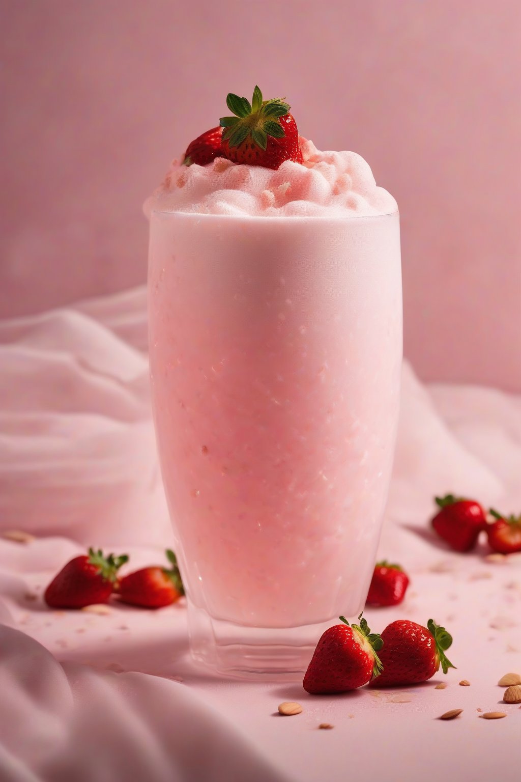A high-resolution photo of the Creamy Almond Pink Drink in a frosted glass, light pink foam on top with strawberry flecks under soft lighting.
