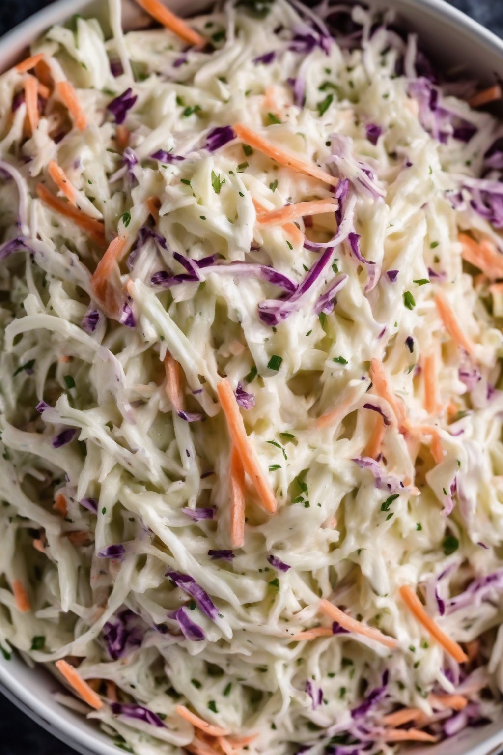 A high-resolution photo of keto creamy coleslaw with a velvety shine under soft lighting.