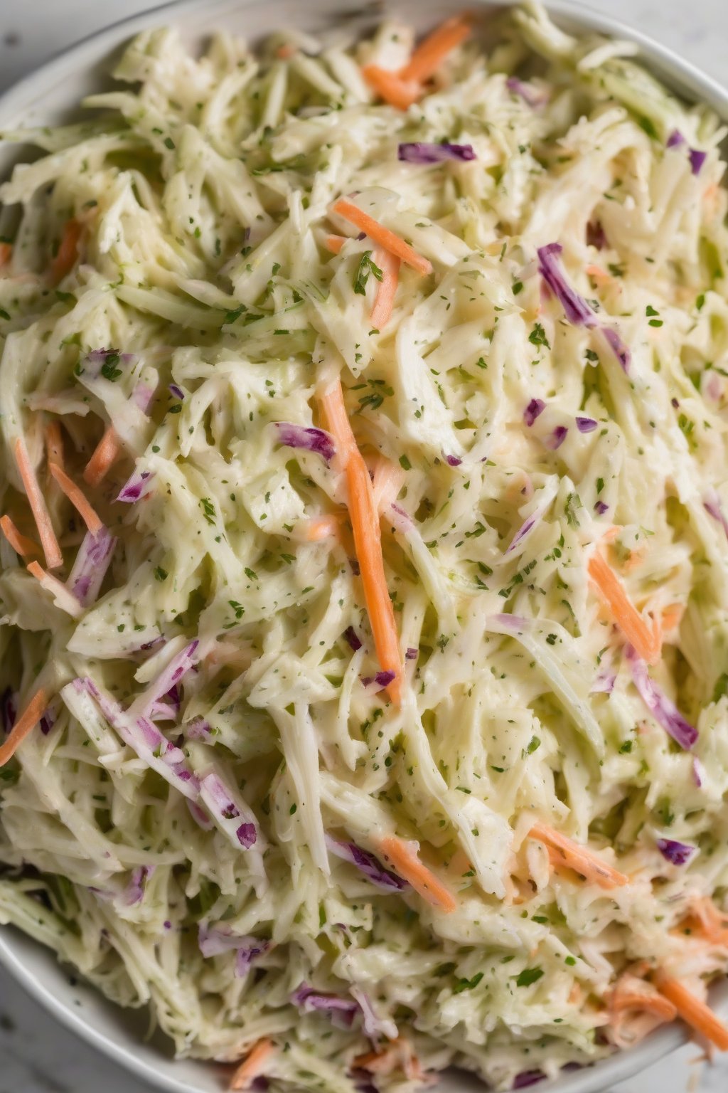 A high-resolution photo of pickle-speckled creamy coleslaw under soft lighting.