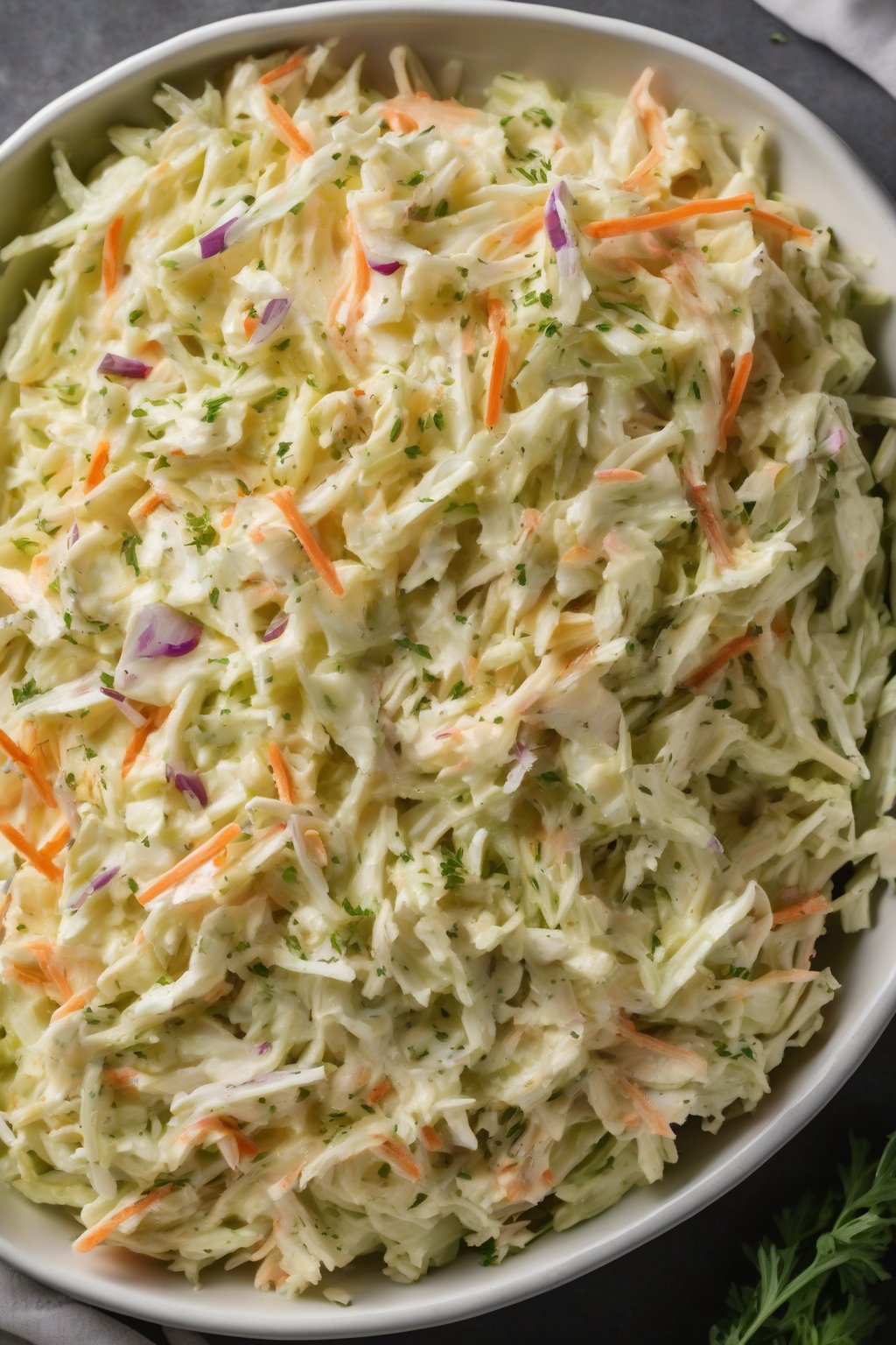 A high-resolution photo of mustard-kissed creamy coleslaw in a serving dish under soft lighting.