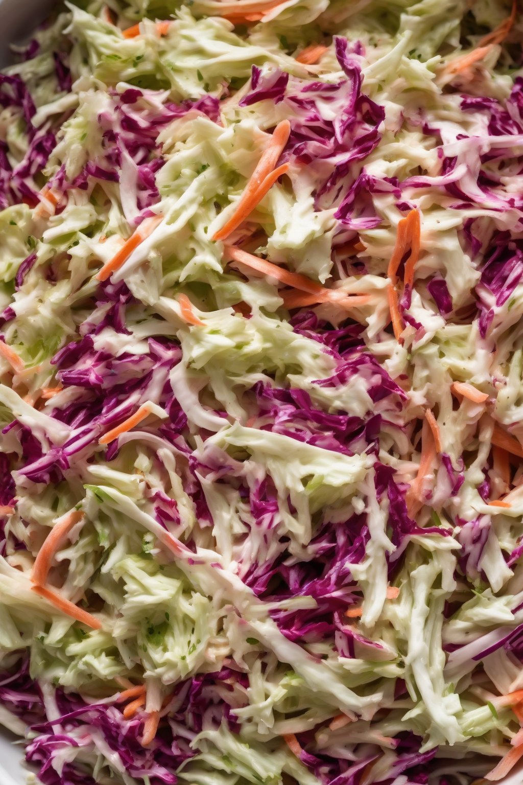 A high-resolution photo of vibrant red and green creamy coleslaw under soft lighting.