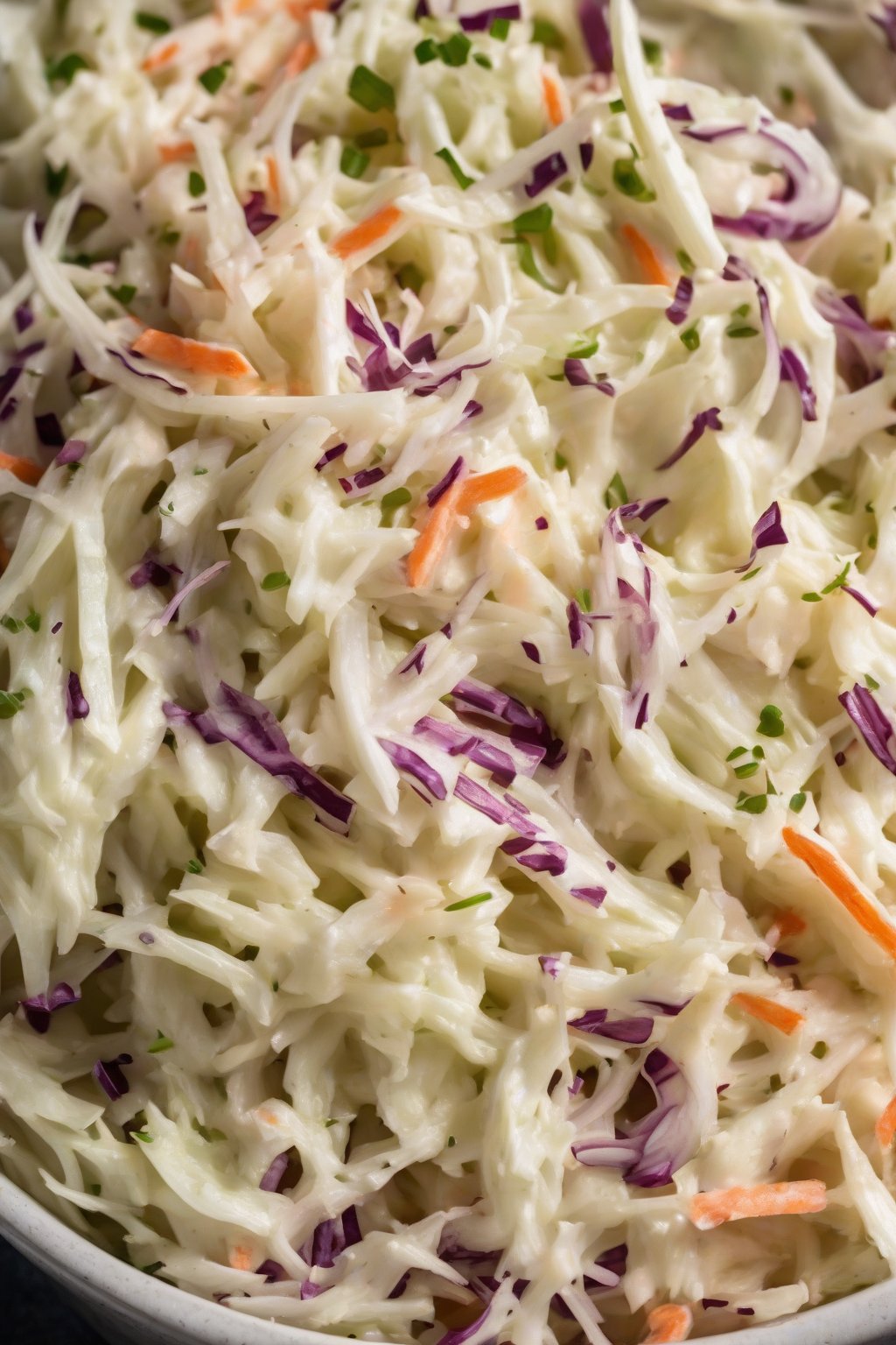 A high-resolution photo of smooth onion-infused creamy coleslaw under soft lighting.