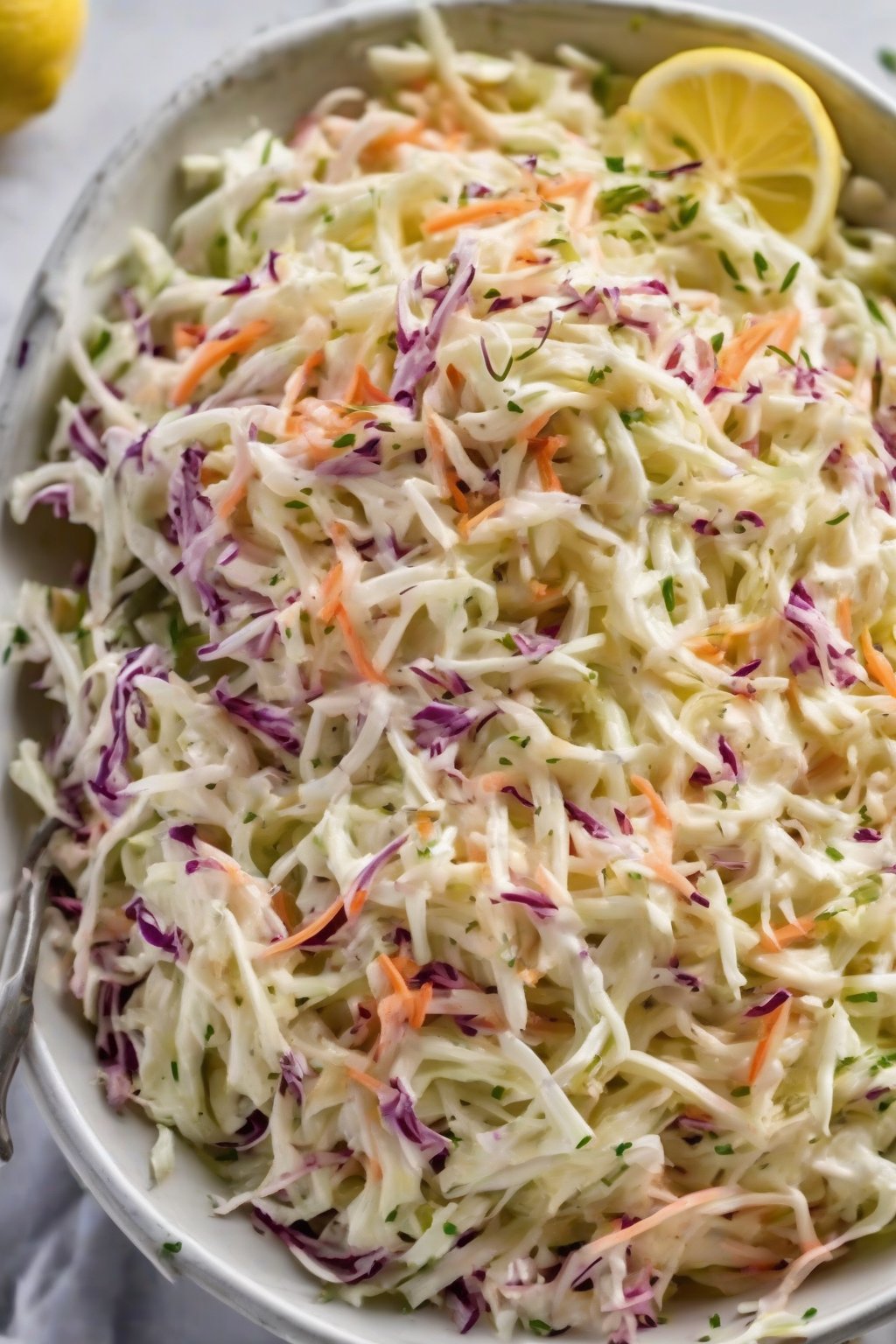 A high-resolution photo of lemon-zested creamy coleslaw garnished with zest curls under soft lighting.