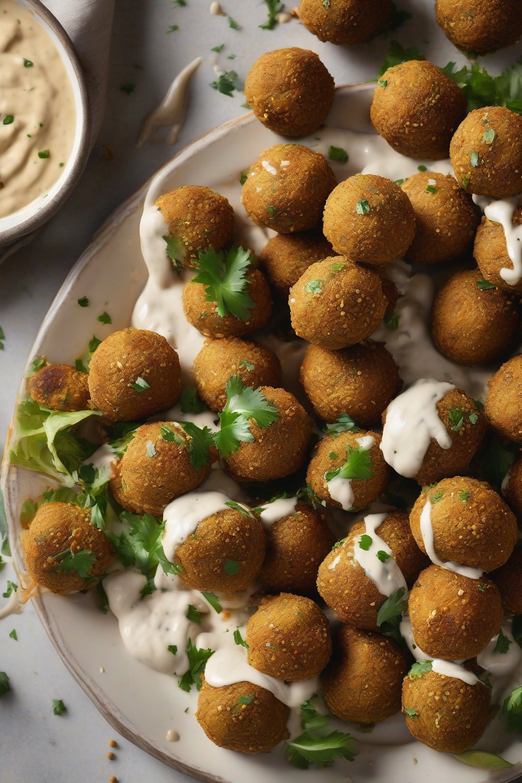 A high-resolution photo of golden classic chickpea falafel balls on a plate with tahini drizzle under soft lighting.