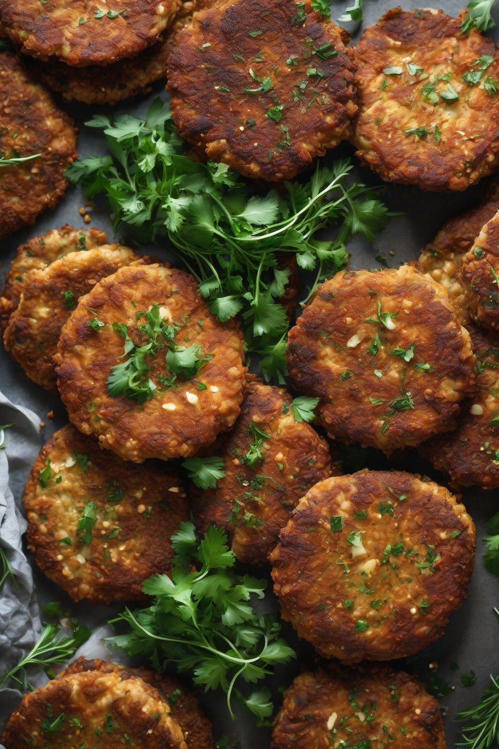 A high-resolution photo of crispy Egyptian ta'ameya patties stacked with fresh herbs under soft lighting.