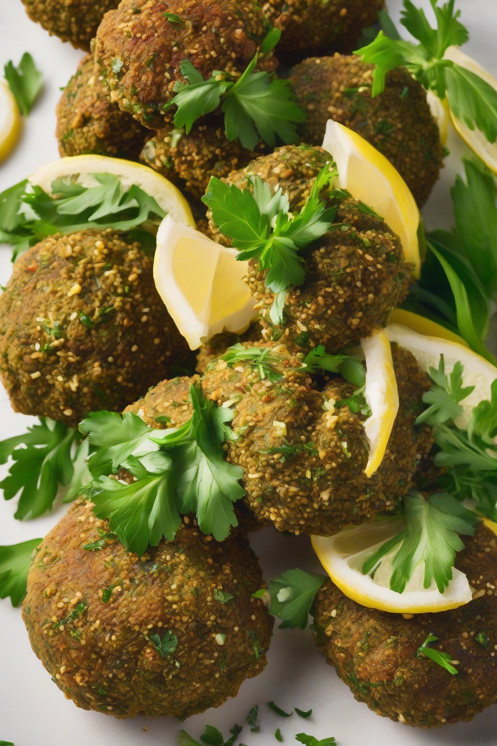 A high-resolution photo of vibrant green herbed falafel with lemon wedges under soft lighting.