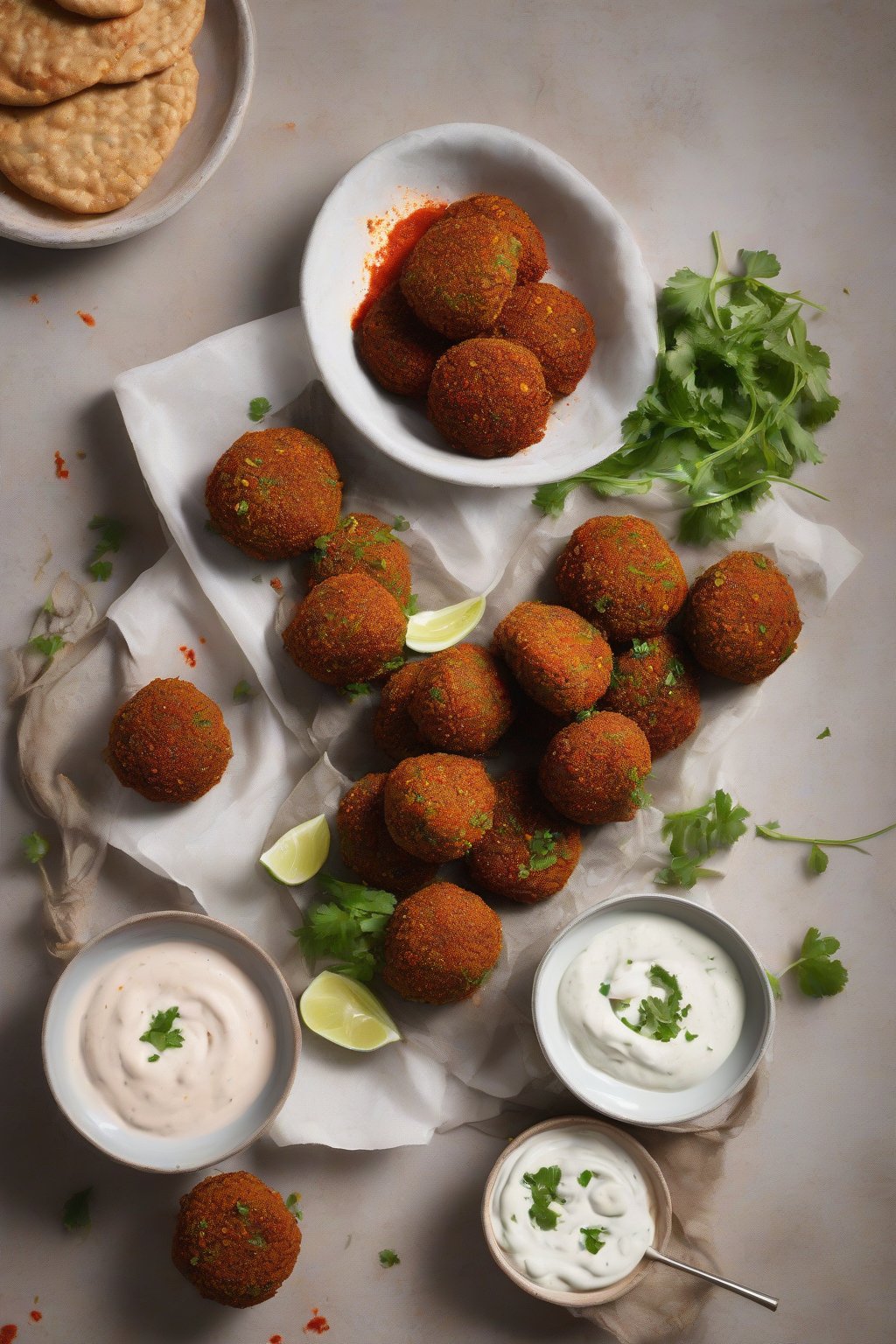 A high-resolution photo of red-tinged spicy harissa falafel with yogurt dip under soft lighting.