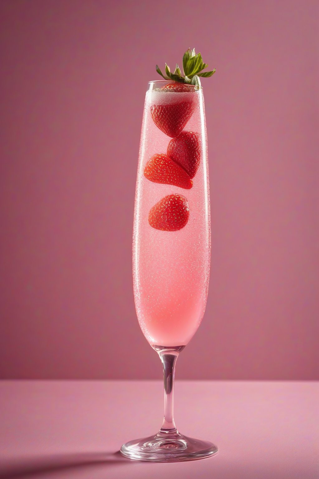 A high-resolution photo of the Sparkling Pink Drink effervescing in a flute glass, pink bubbles rising with strawberry garnish under soft lighting.