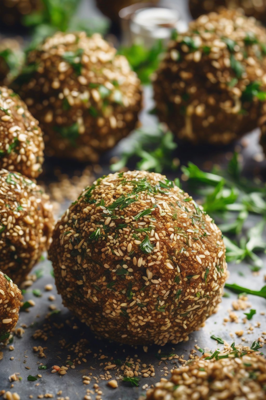A high-resolution photo of za'atar-crusted falafel balls scattered with sesame under soft lighting.