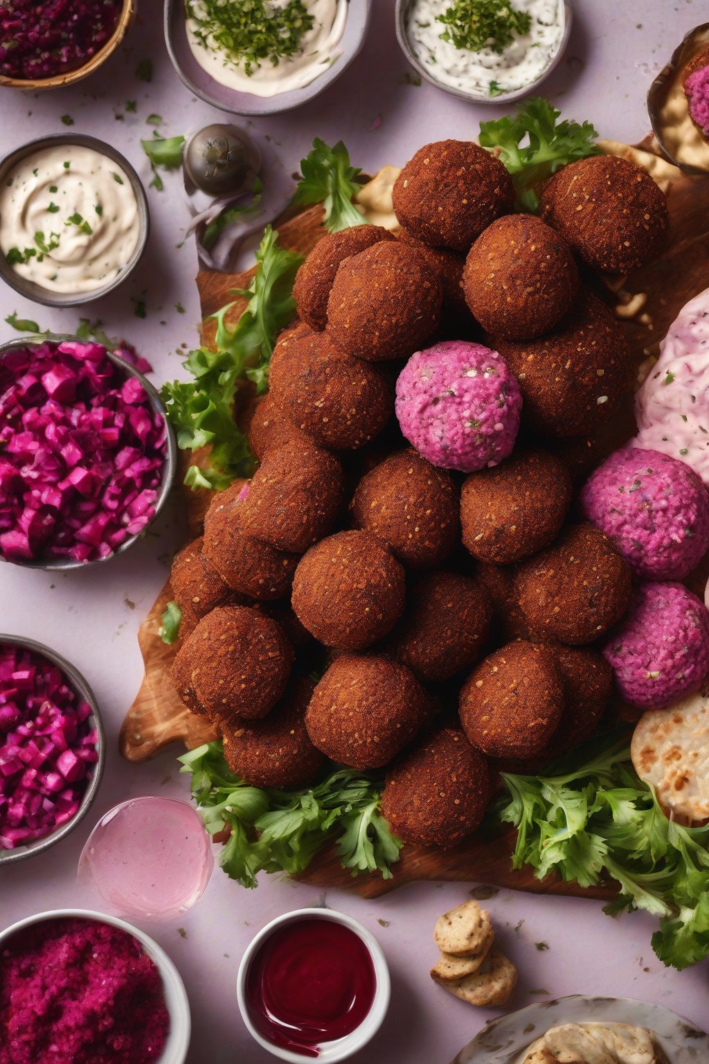 A high-resolution photo of pink beetroot falafel on a mezze board under soft lighting.