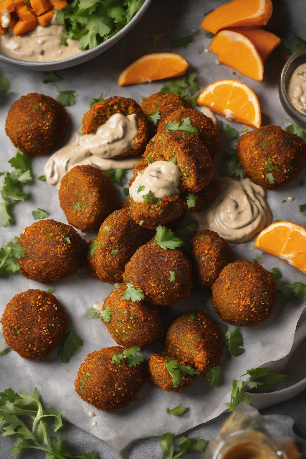 A high-resolution photo of orange sweet potato falafel with tahini under soft lighting.