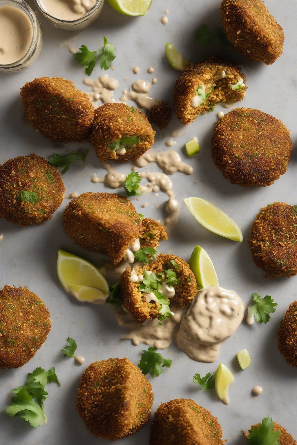 A high-resolution photo of golden garlic tahini falafel broken open under soft lighting.
