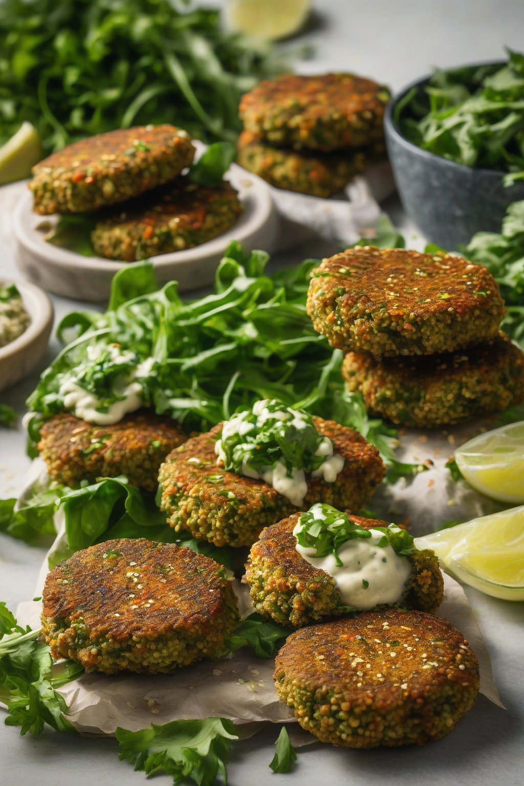 A high-resolution photo of quinoa-studded falafel patties on greens under soft lighting.