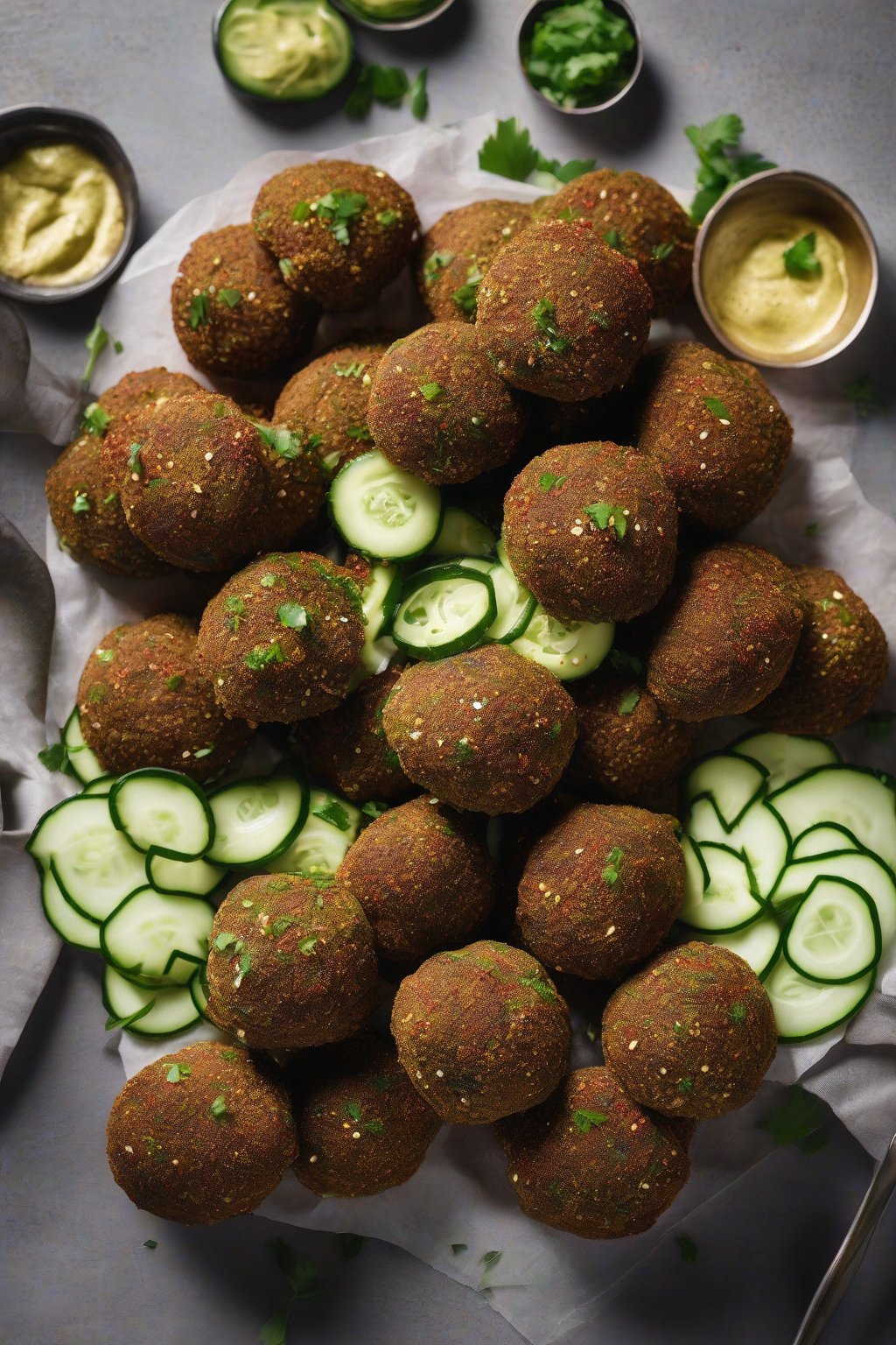 A high-resolution photo of sumac-dusted falafel with cucumber slices under soft lighting.