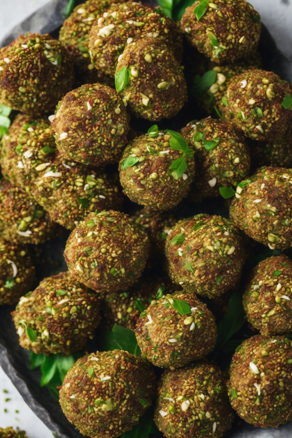 A high-resolution photo of green pistachio-crusted falafel close-up under soft lighting.