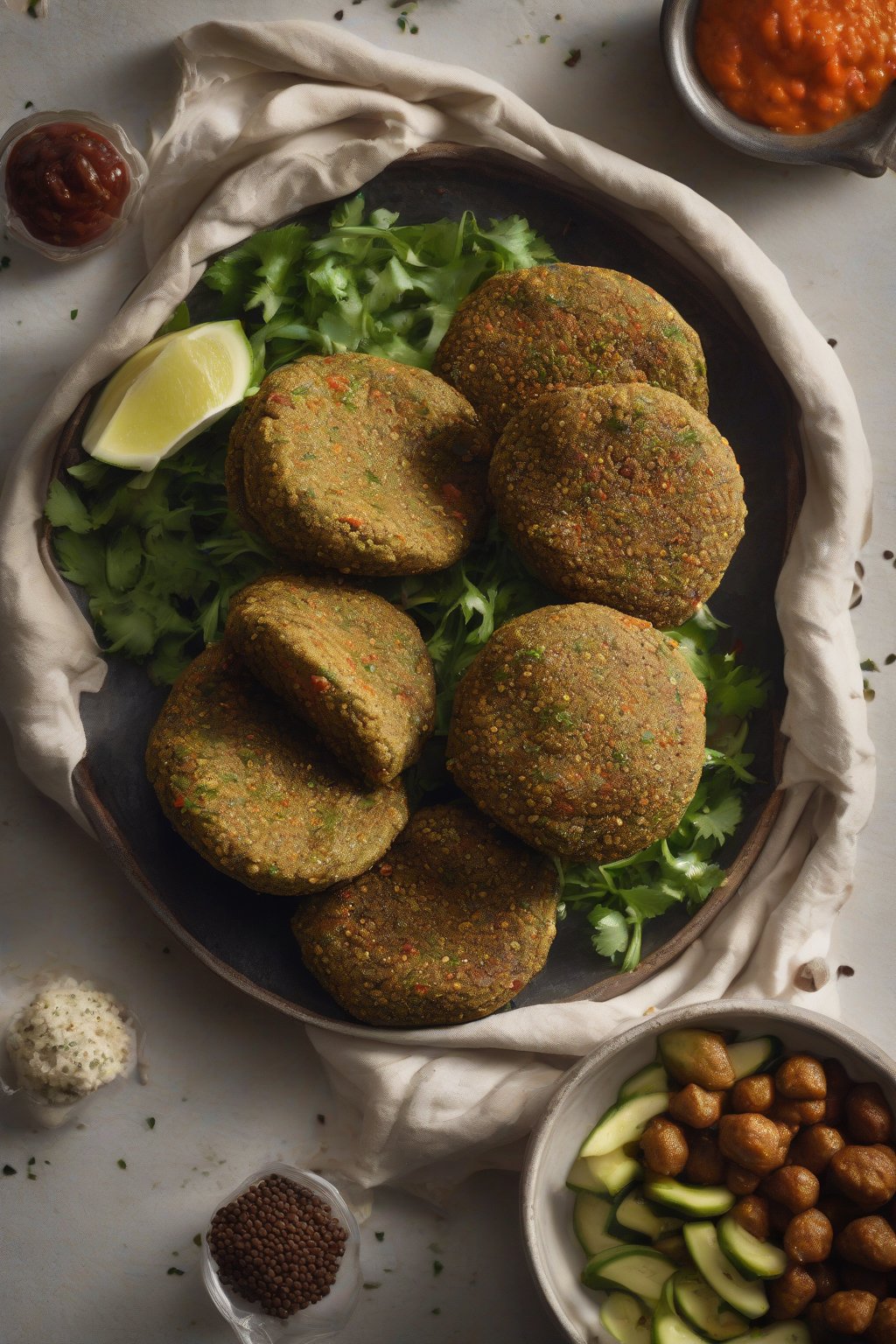 A high-resolution photo of rustic lentil falafel in pita under soft lighting.