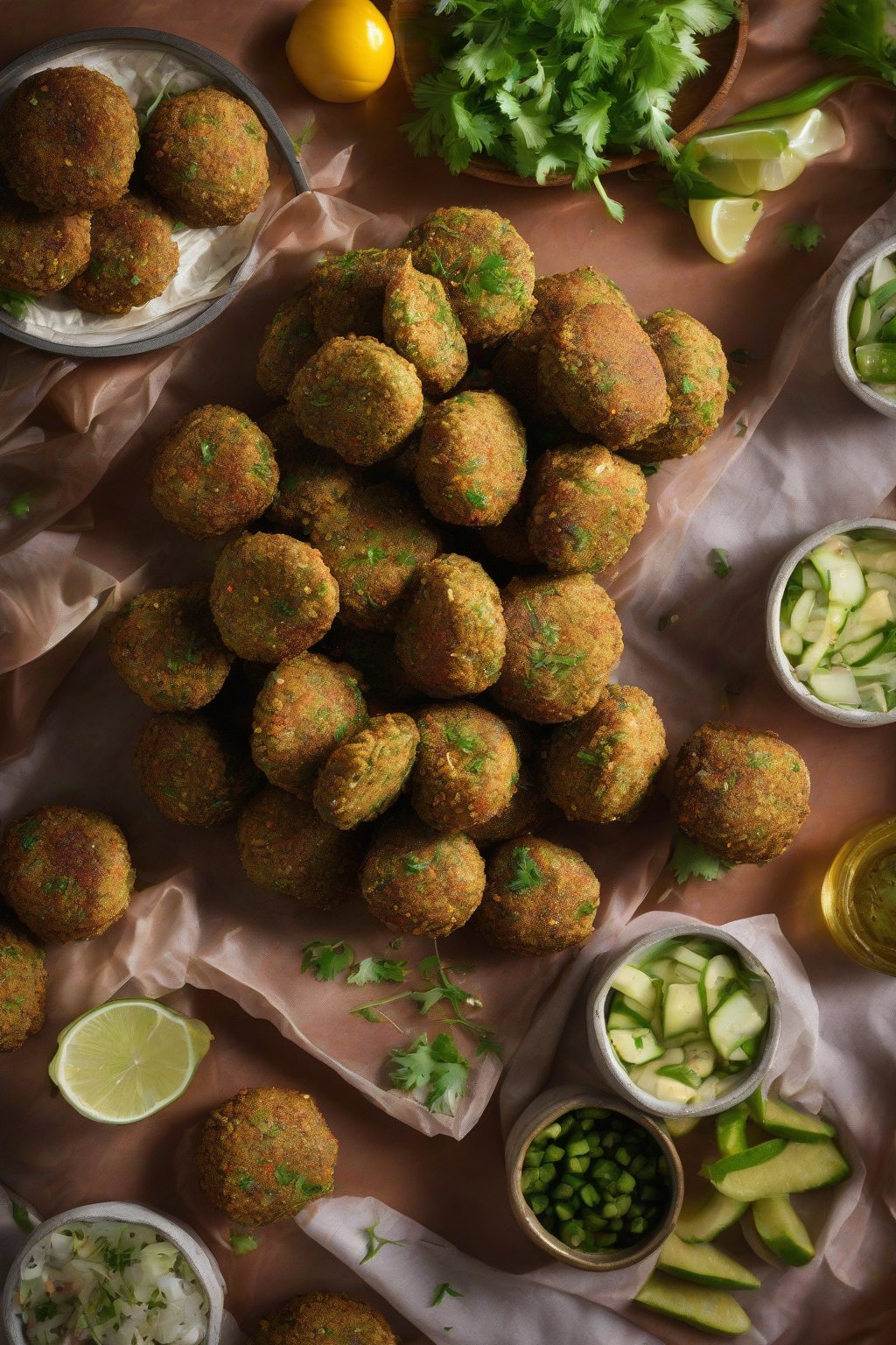 A high-resolution photo of coriander-flecked onion falafel with pickles under soft lighting.