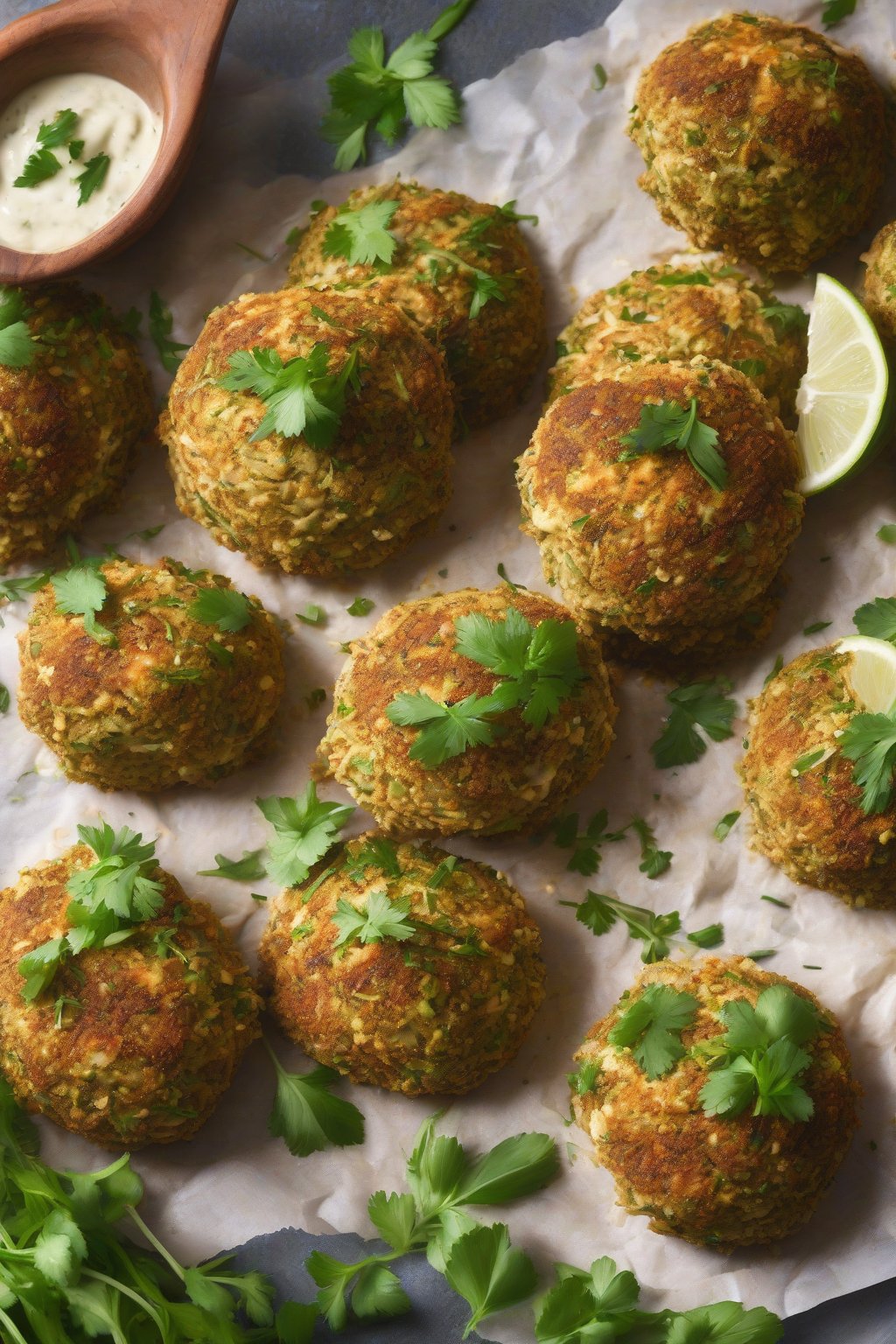 A high-resolution photo of baked cheesy falafel topped with herbs under soft lighting.