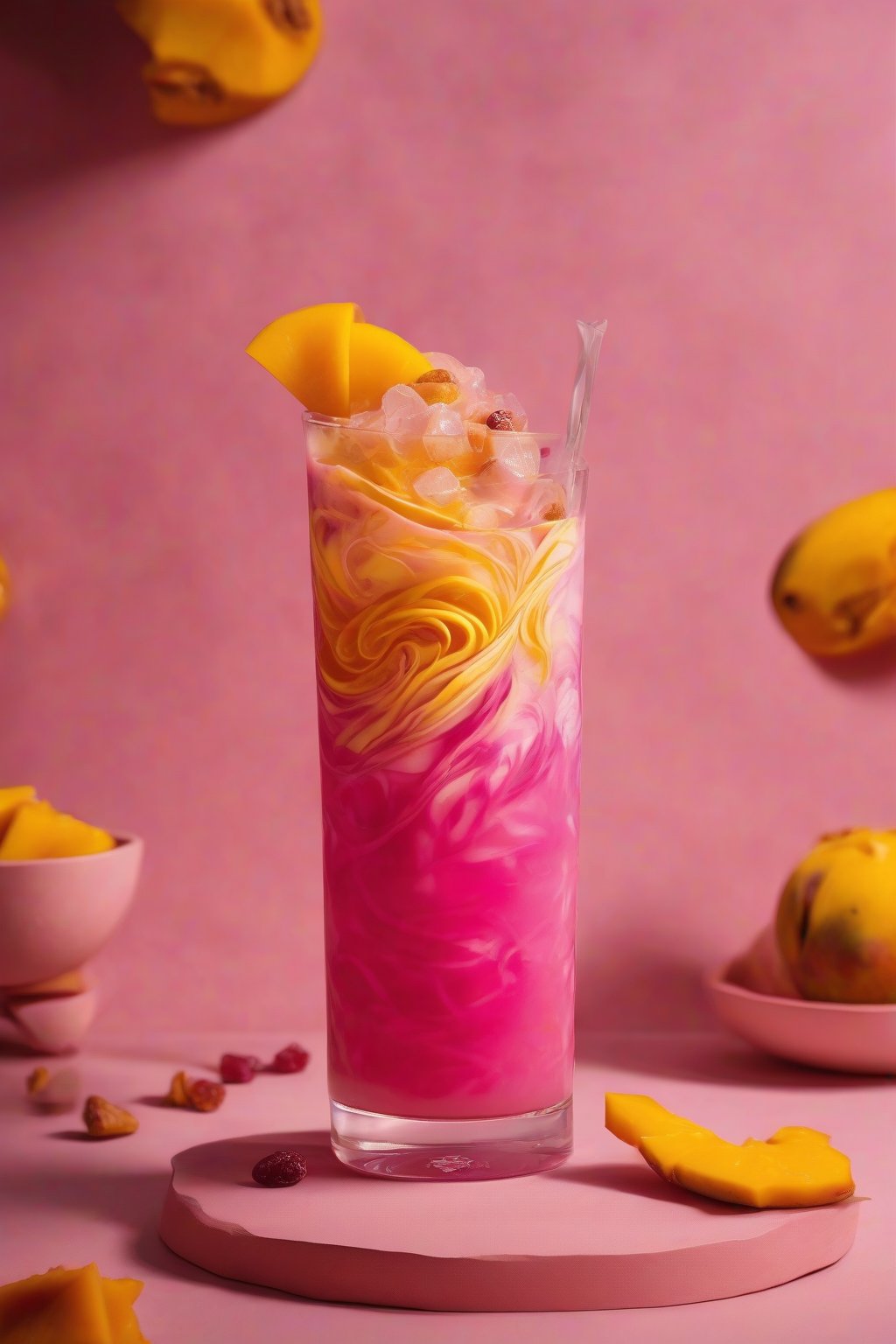 A high-resolution photo of the Mango Infused Pink Drink layered with yellow mango swirls in pink base, topped with dried fruits under soft lighting.