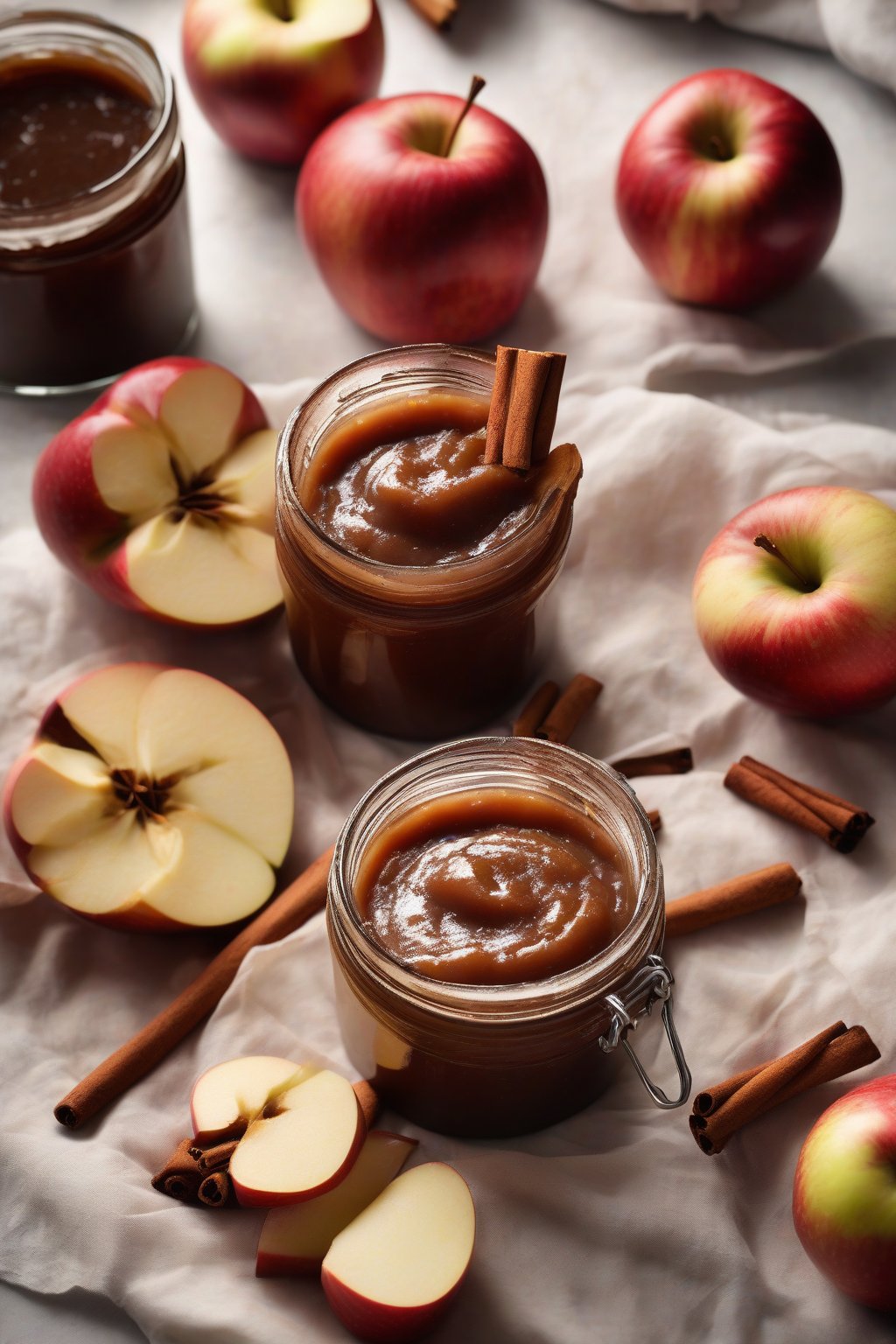 A high-resolution photo of classic cinnamon apple butter in a glass jar with apple slices and cinnamon sticks around it, under soft lighting.