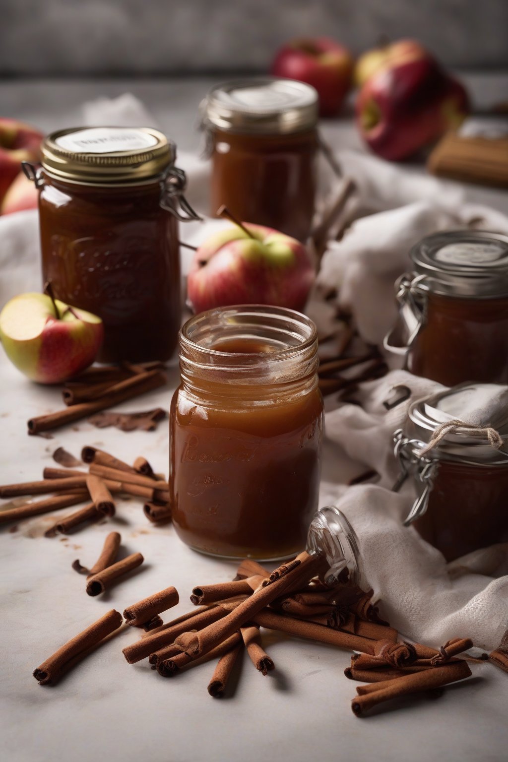 A high-resolution photo of bourbon cinnamon apple butter in jars with a whiskey glass and cinnamon quills, under soft lighting.
