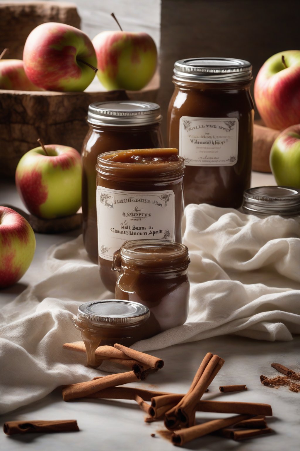 A high-resolution photo of vanilla bean cinnamon apple butter in elegant jars with scraped vanilla pod, under soft lighting.