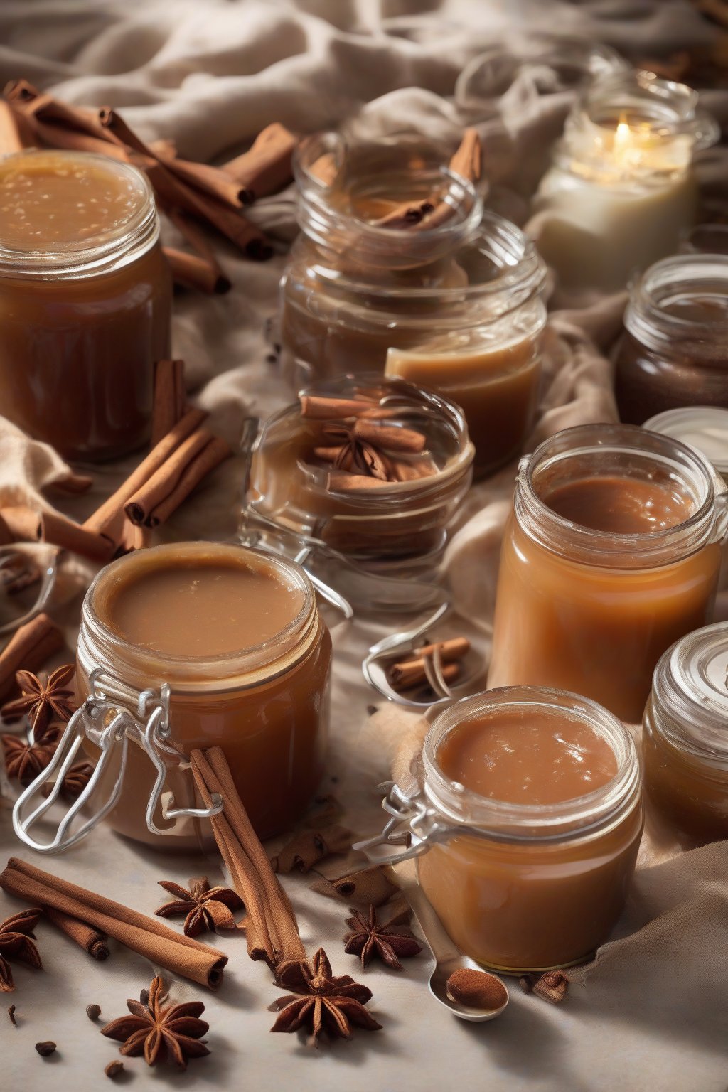 A high-resolution photo of chai-spiced cinnamon apple butter jars surrounded by chai tea elements, under soft lighting.