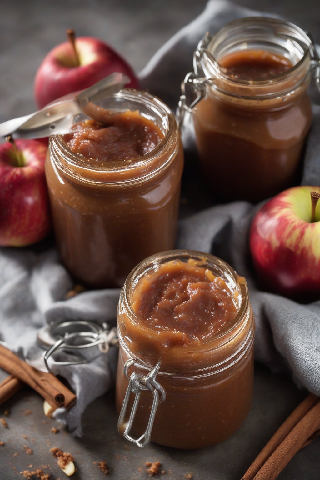 A high-resolution photo of nutmeg cinnamon apple butter in jars with fresh grated nutmeg, under soft lighting.