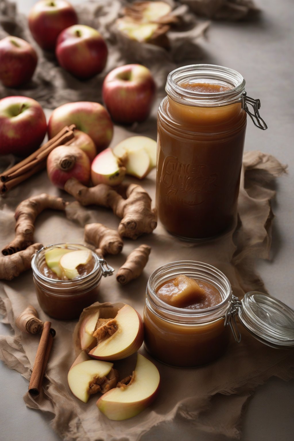 A high-resolution photo of ginger cinnamon apple butter jars with ginger root slices, under soft lighting.
