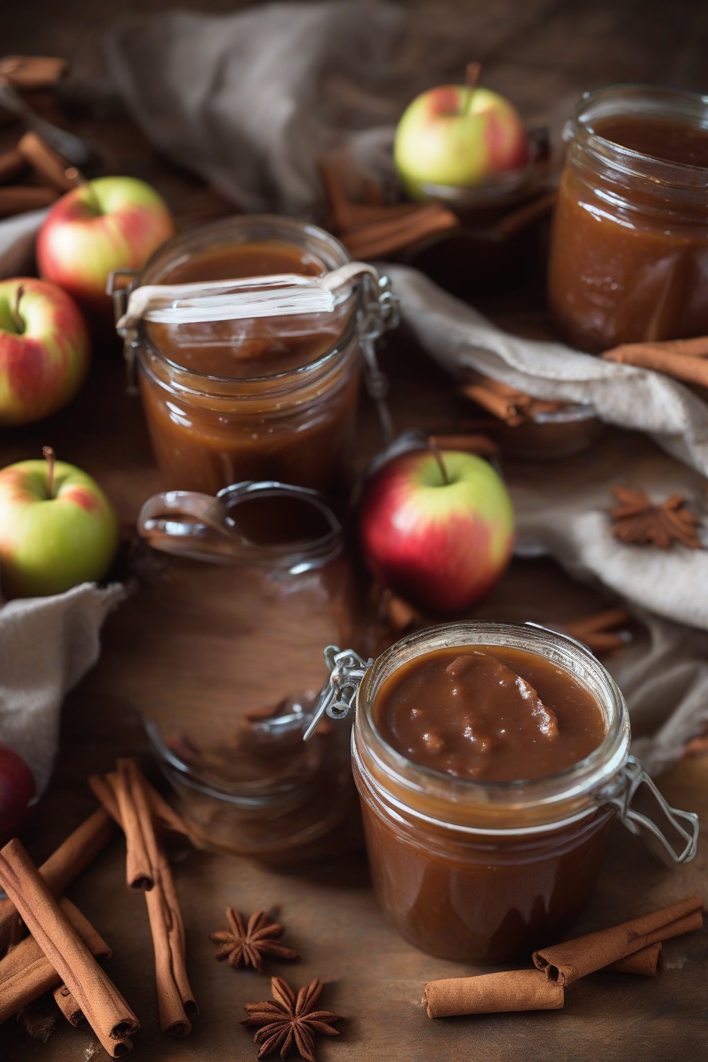 A high-resolution photo of maple cinnamon apple butter in rustic jars with maple leaves, under soft lighting.
